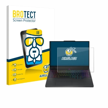 Parte frontal de un envase de producto con el logotipo de la marca BROTECT. Al lado se muestra el dispositivo Lenovo Legion 5 