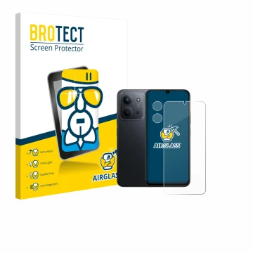 Parte frontal de un envase de producto con el logotipo de la marca BROTECT. Al lado se muestra el dispositivo Xiaomi Redmi 15C