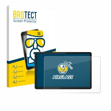Parte frontal de un envase de producto con el logotipo de la marca BROTECT. Al lado se muestra el dispositivo Lenovo Tab K11e 