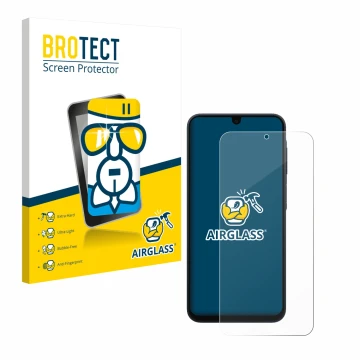 Parte frontal de un envase de producto con el logotipo de la marca BROTECT. Al lado se muestra el dispositivo Samsung Galaxy A