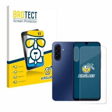 Parte frontal de un envase de producto con el logotipo de la marca BROTECT. Al lado se muestra el dispositivo Samsung Galaxy A