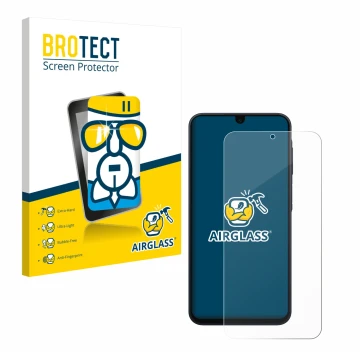 Parte frontal de un envase de producto con el logotipo de la marca BROTECT. Al lado se muestra el dispositivo Samsung Galaxy A