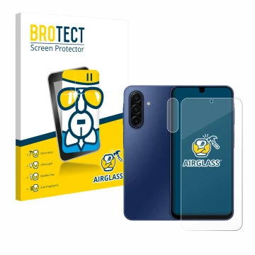 Parte frontal de un envase de producto con el logotipo de la marca BROTECT. Al lado se muestra el dispositivo Samsung Galaxy A