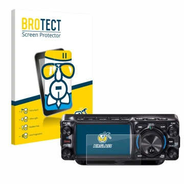 Parte frontal de un envase de producto con el logotipo de la marca BROTECT. Al lado se muestra el dispositivo Yaesu FTX-1 con 