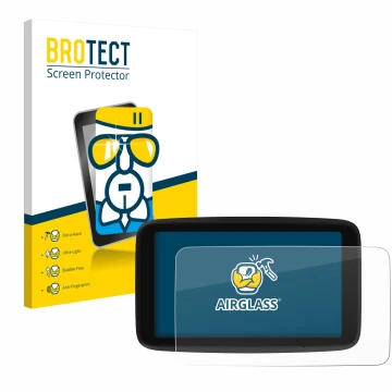 Parte frontal de un envase de producto con el logotipo de la marca BROTECT. Al lado se muestra el dispositivo TomTom GO Classi