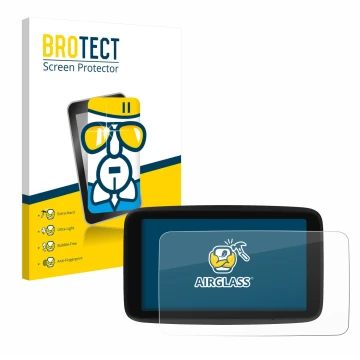Parte frontal de un envase de producto con el logotipo de la marca BROTECT. Al lado se muestra el dispositivo TomTom GO Classi