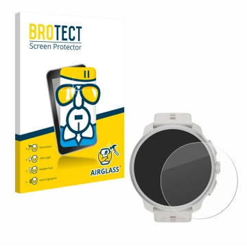 Parte frontal de un envase de producto con el logotipo de la marca BROTECT. Al lado se muestra el dispositivo Suunto Race 2 co