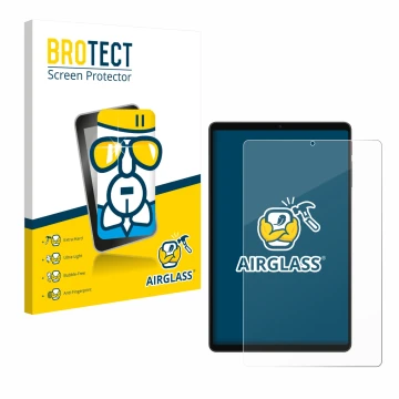 Parte frontal de un envase de producto con el logotipo de la marca BROTECT. Al lado se muestra el dispositivo Alldocube iPlay 