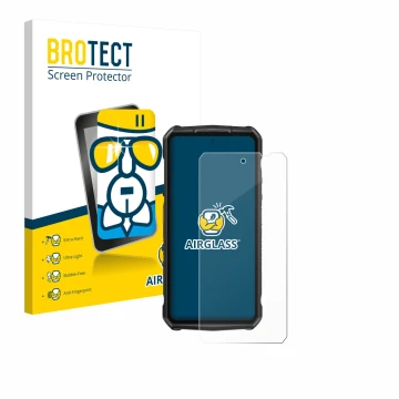 Parte frontal de un envase de producto con el logotipo de la marca BROTECT. Al lado se muestra el dispositivo Ulefone Armor 29