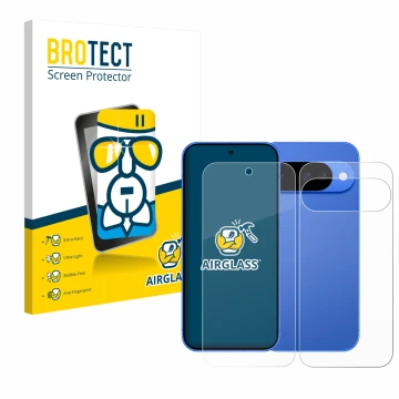 Parte frontal de un envase de producto con el logotipo de la marca BROTECT. Al lado se muestra el dispositivo Google Pixel 10 
