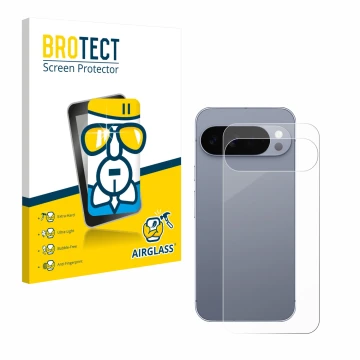 Parte frontal de un envase de producto con el logotipo de la marca BROTECT. Al lado se muestra el dispositivo Google Pixel 10 