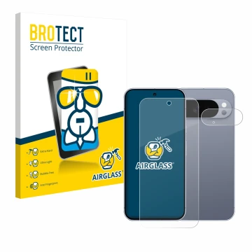 Parte frontal de un envase de producto con el logotipo de la marca BROTECT. Al lado se muestra el dispositivo Google Pixel 10 