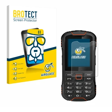 Parte frontal de un envase de producto con el logotipo de la marca BROTECT. Al lado se muestra el dispositivo Gigaset GLX8 con