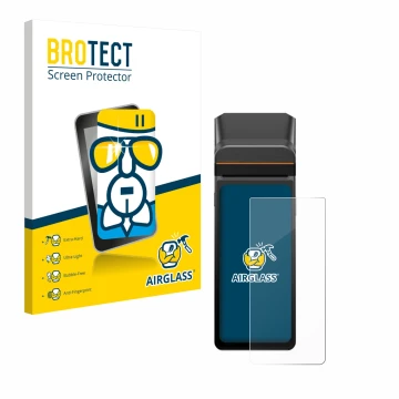 Parte frontal de un envase de producto con el logotipo de la marca BROTECT. Al lado se muestra el dispositivo Sunmi V3H con su