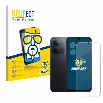 Parte frontal de un envase de producto con el logotipo de la marca BROTECT. Al lado se muestra el dispositivo Xiaomi Redmi 15C