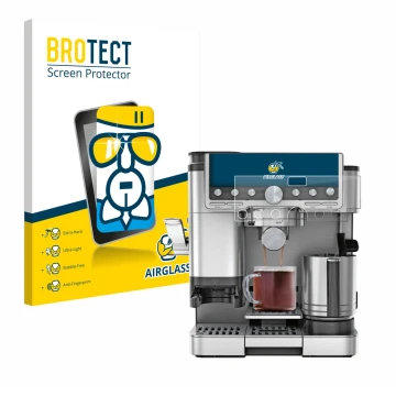 Parte frontal de un envase de producto con el logotipo de la marca BROTECT. Al lado se muestra el dispositivo Ninja Luxe Cafe 