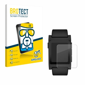 Parte frontal de un envase de producto con el logotipo de la marca BROTECT. Al lado se muestra el dispositivo Pebble 2 Duo 202