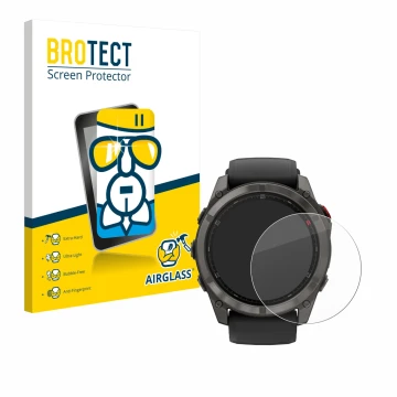 Parte frontal de un envase de producto con el logotipo de la marca BROTECT. Al lado se muestra el dispositivo Garmin Fenix 8 P