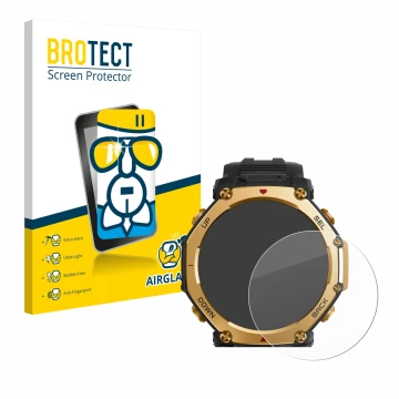 Parte frontal de un envase de producto con el logotipo de la marca BROTECT. Al lado se muestra el dispositivo Huami Amazfit T-
