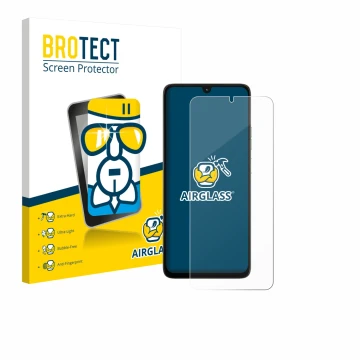 Parte frontal de un envase de producto con el logotipo de la marca BROTECT. Al lado se muestra el dispositivo Motorola Moto G0