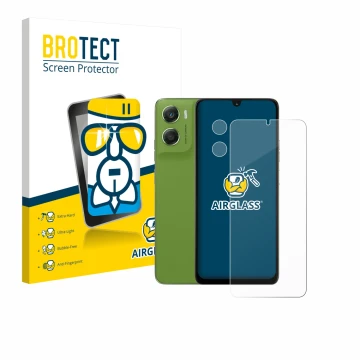 Parte frontal de un envase de producto con el logotipo de la marca BROTECT. Al lado se muestra el dispositivo Motorola Moto G0