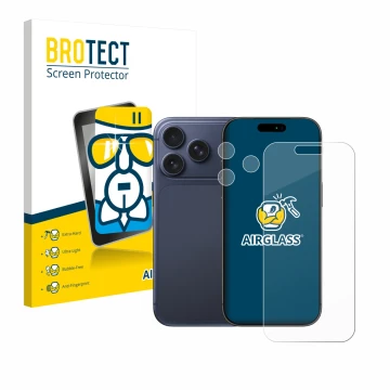 Parte frontal de un envase de producto con el logotipo de la marca BROTECT. Al lado se muestra el dispositivo Apple iPhone 17 