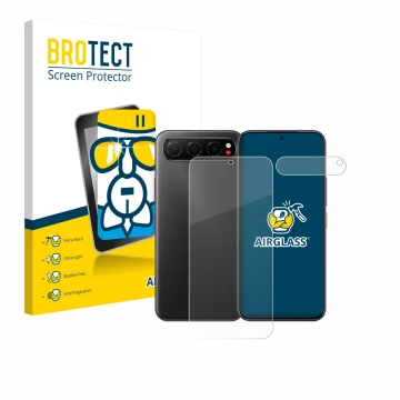 Parte frontal de un envase de producto con el logotipo de la marca BROTECT. Al lado se muestra el dispositivo Nubia Air (Front