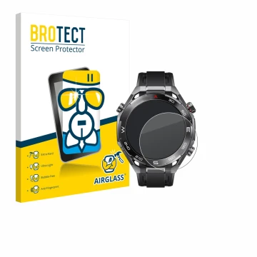 Parte frontal de un envase de producto con el logotipo de la marca BROTECT. Al lado se muestra el dispositivo Huawei Watch Ult
