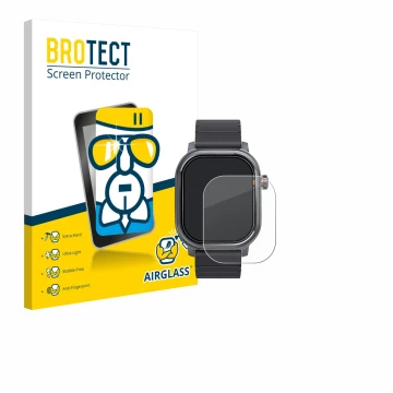 Parte frontal de un envase de producto con el logotipo de la marca BROTECT. Al lado se muestra el dispositivo Kospet Pulse con