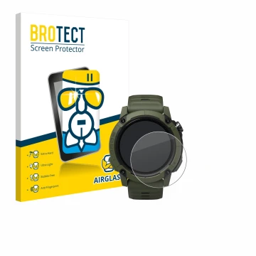 Parte frontal de un envase de producto con el logotipo de la marca BROTECT. Al lado se muestra el dispositivo Coros NOMAD con 