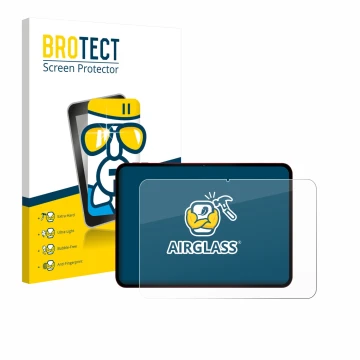 Parte frontal de un envase de producto con el logotipo de la marca BROTECT. Al lado se muestra el dispositivo Teclast T65 Plus