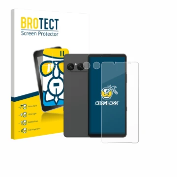 Parte frontal de un envase de producto con el logotipo de la marca BROTECT. Al lado se muestra el dispositivo Sony Xperia 10 V