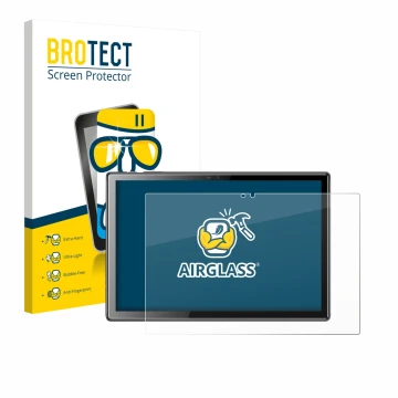 Parte frontal de un envase de producto con el logotipo de la marca BROTECT. Al lado se muestra el dispositivo Tibuta A10 10.1