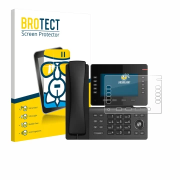 Parte frontal de un envase de producto con el logotipo de la marca BROTECT. Al lado se muestra el dispositivo Snom D865 con su