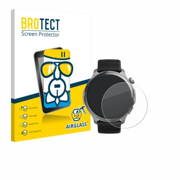 Parte frontal de un envase de producto con el logotipo de la marca BROTECT. Al lado se muestra el dispositivo Huami Amazfit Ba