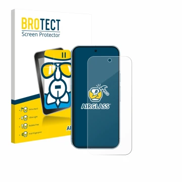 Parte frontal de un envase de producto con el logotipo de la marca BROTECT. Al lado se muestra el dispositivo Google Pixel 9 (