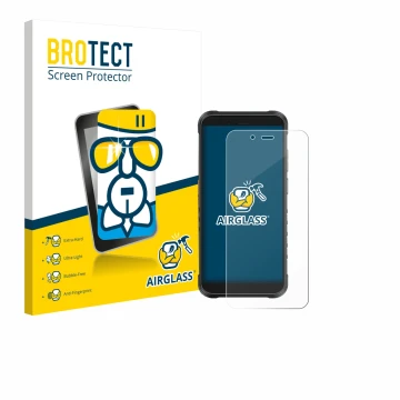 Parte frontal de un envase de producto con el logotipo de la marca BROTECT. Al lado se muestra el dispositivo Ulefone RugKing 