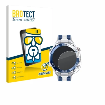 Parte frontal de un envase de producto con el logotipo de la marca BROTECT. Al lado se muestra el dispositivo Huawei Watch Ult