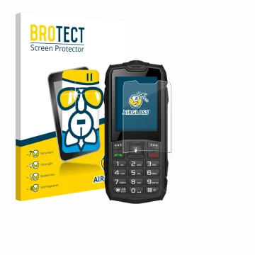 Parte frontal de un envase de producto con el logotipo de la marca BROTECT. Al lado se muestra el dispositivo Hammer Rock con 