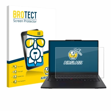 Parte frontal de un envase de producto con el logotipo de la marca BROTECT. Al lado se muestra el dispositivo Lenovo ThinkPad 