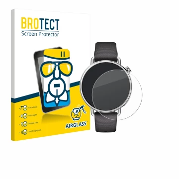 Parte frontal de un envase de producto con el logotipo de la marca BROTECT. Al lado se muestra el dispositivo Xiaomi Watch S4 