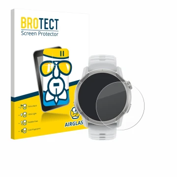 Parte frontal de un envase de producto con el logotipo de la marca BROTECT. Al lado se muestra el dispositivo Coros Apex 4 (46