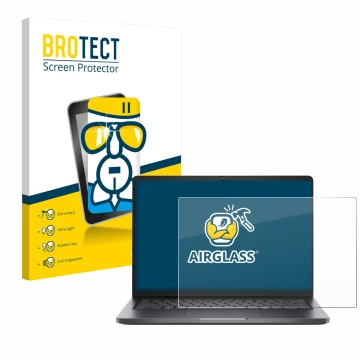 Parte frontal de un envase de producto con el logotipo de la marca BROTECT. Al lado se muestra el dispositivo Dell Pro 14 con 