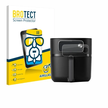 Parte frontal de un envase de producto con el logotipo de la marca BROTECT. Al lado se muestra el dispositivo Philips Airfryer