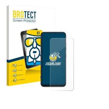Parte frontal de un envase de producto con el logotipo de la marca BROTECT. Al lado se muestra el dispositivo Infinix Smart 10