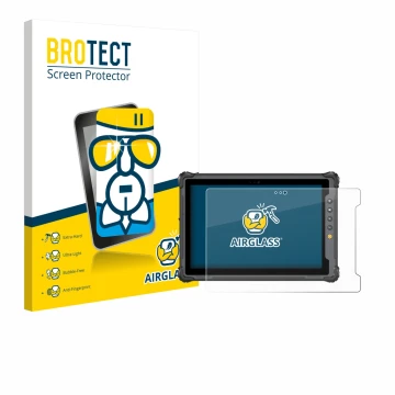 Parte frontal de un envase de producto con el logotipo de la marca BROTECT. Al lado se muestra el dispositivo onerugged W10 J 