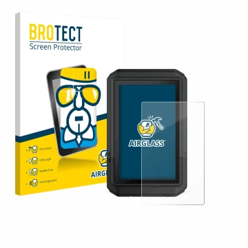 Parte frontal de un envase de producto con el logotipo de la marca BROTECT. Al lado se muestra el dispositivo Garmin eTrex Tou