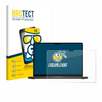 Parte frontal de un envase de producto con el logotipo de la marca BROTECT. Al lado se muestra el dispositivo Apple MacBook Pr