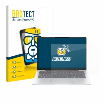 Parte frontal de un envase de producto con el logotipo de la marca BROTECT. Al lado se muestra el dispositivo HP OmniBook 5 14