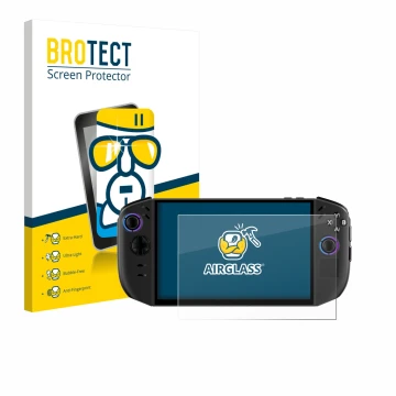 Parte frontal de un envase de producto con el logotipo de la marca BROTECT. Al lado se muestra el dispositivo Lenovo Legion Go